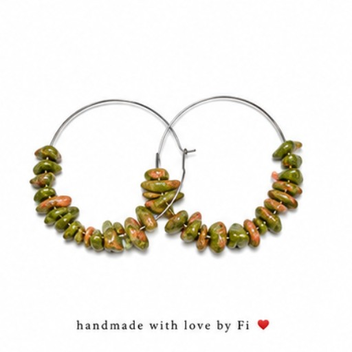 Green and brown gemstone chip hoop earrings handmade by Fi