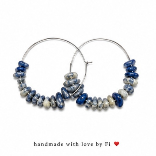 Blue gemstone chip hoop earrings handmade by Fi