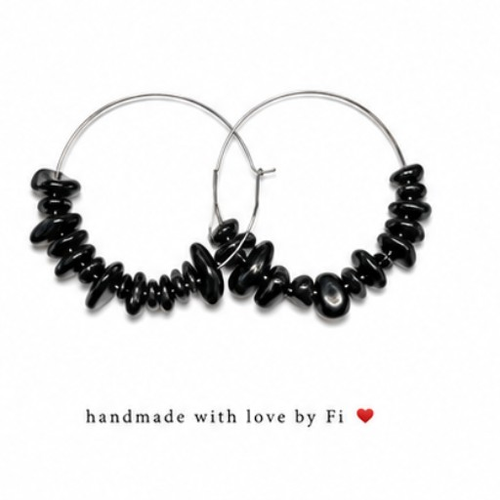 Black gemstone chip hoop earrings handmade by Fi