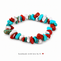 Handmade turquoise, red coral and white howlite chip stretch bracelet
