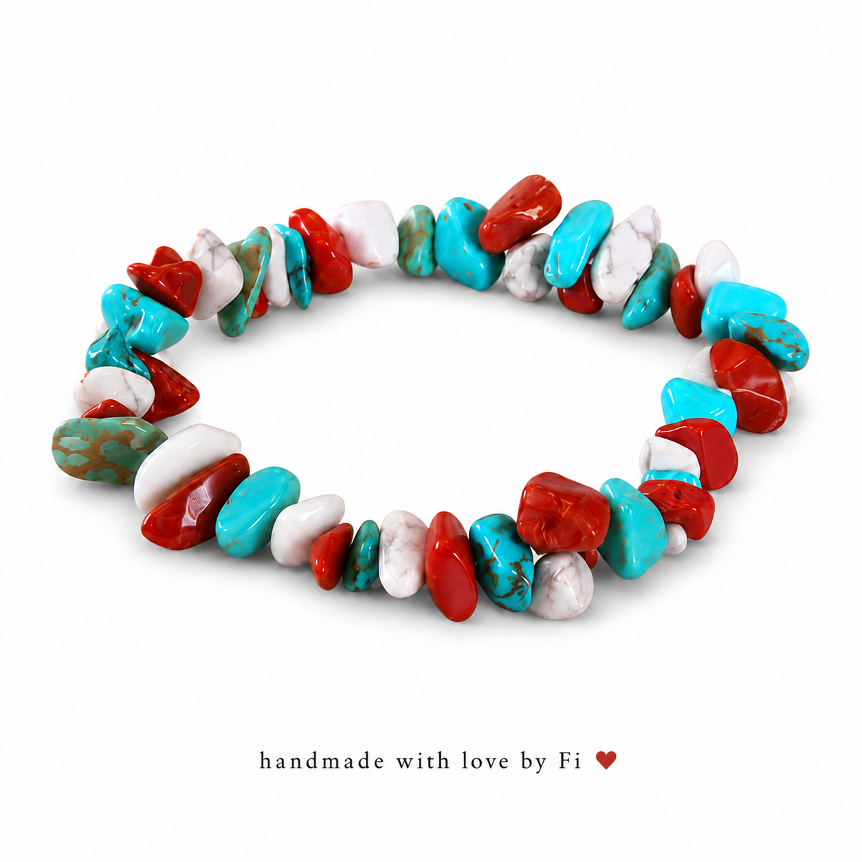 Handmade turquoise, red coral and white howlite chip stretch bracelet
