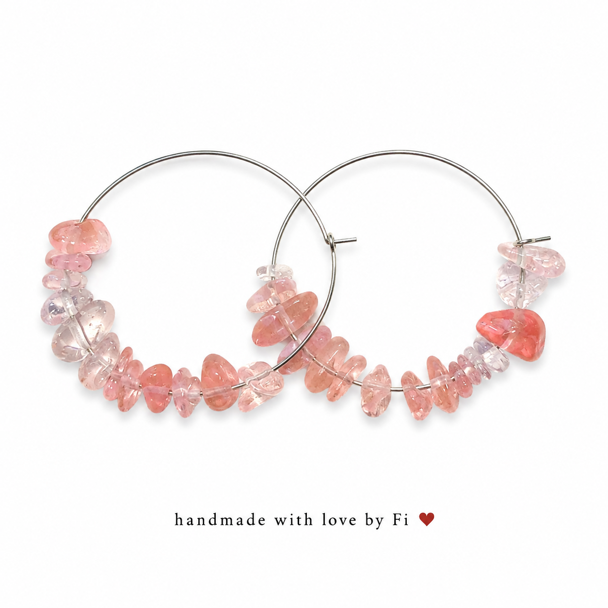 Handmade cherry quartz chip hoop earrings in blush pink