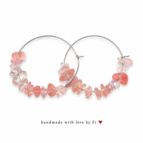Handmade cherry quartz chip hoop earrings in blush pink