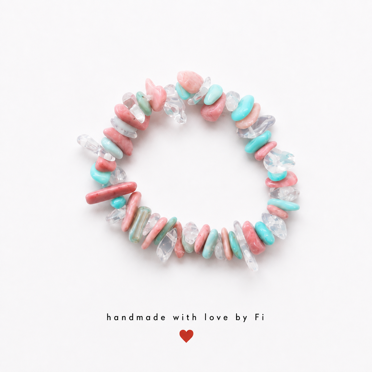 Pink mint and crystal gemstone chip stretch bracelet handmade by Fi