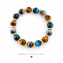 Blue, amber-coloured and grey beaded bracelet with gold-tone spacers