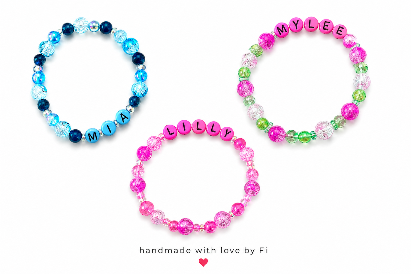 Personalised kids name bracelets in blue pink and green crackle beads handmade by Fi