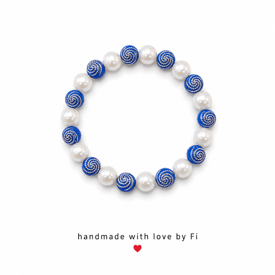 White pearl and royal blue silver swirl bead bracelet handmade by Fi
