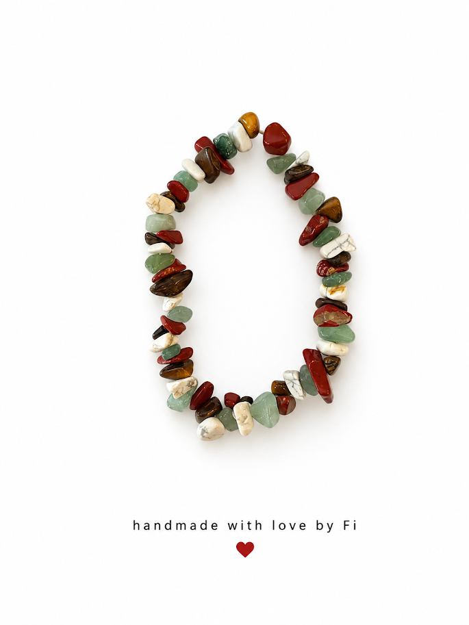 Red jasper, green aventurine, white howlite and tiger's eye mixed chip bracelet handmade by Fi