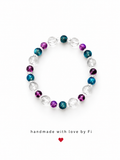 Teal apatite, purple crackle agate and clear quartz crystal stretch bracelet handmade by Fi