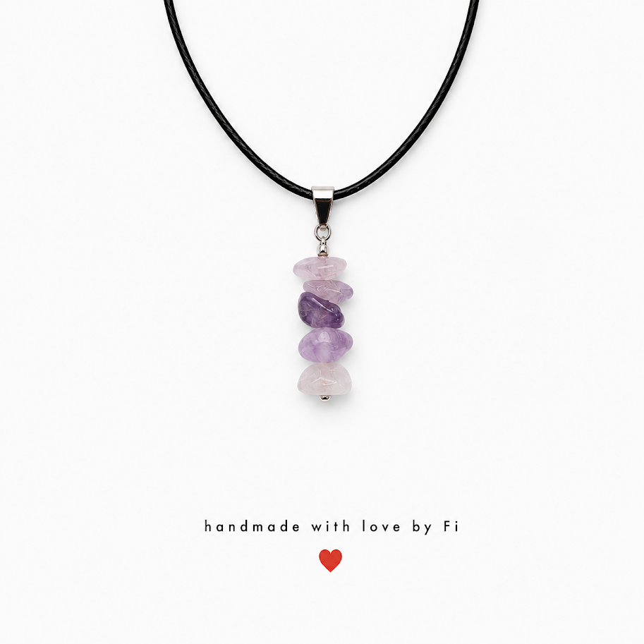 Amethyst chip pendant necklace on black leather cord handmade by Fi