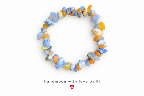 Blue chalcedony and orange amber chip bracelet handmade by Fi