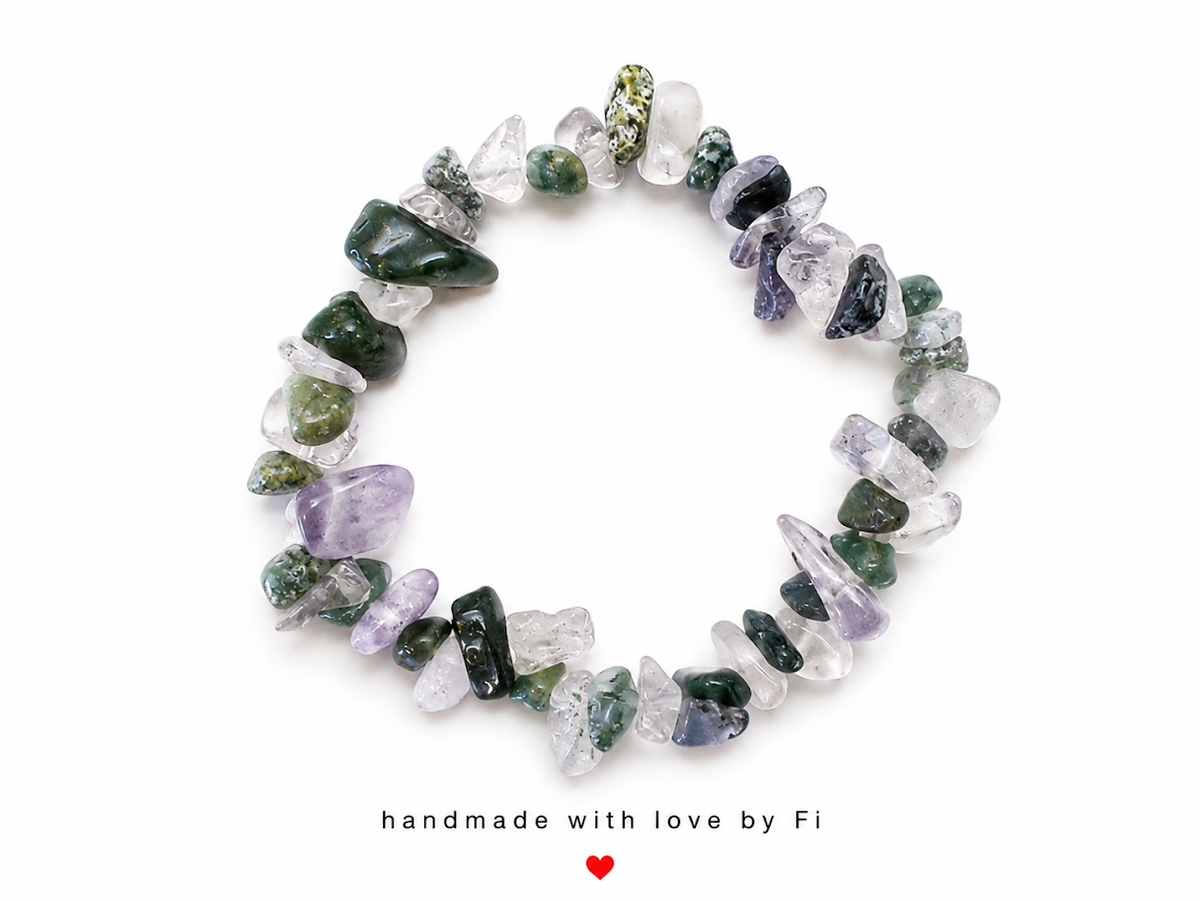 Moss agate amethyst and clear quartz chip bracelet handmade by Fi