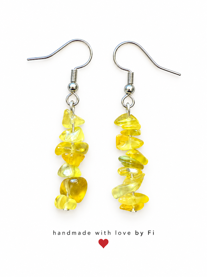Translucent yellow chip-style drop earrings with silver-tone fishhook wires