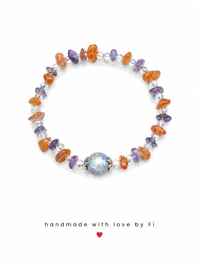 Carnelian and amethyst chip bracelet with iridescent druzy centrepiece handmade by Fi