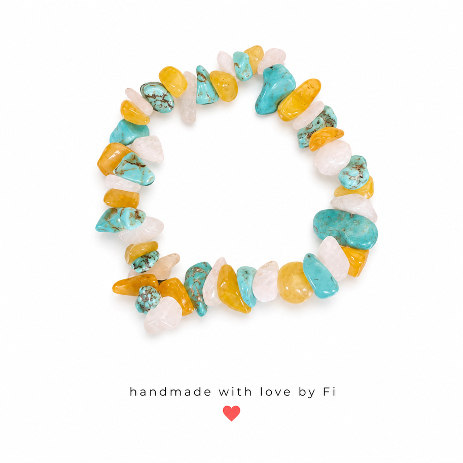 Turquoise amber and rose quartz chip stretch bracelet handmade by Fi