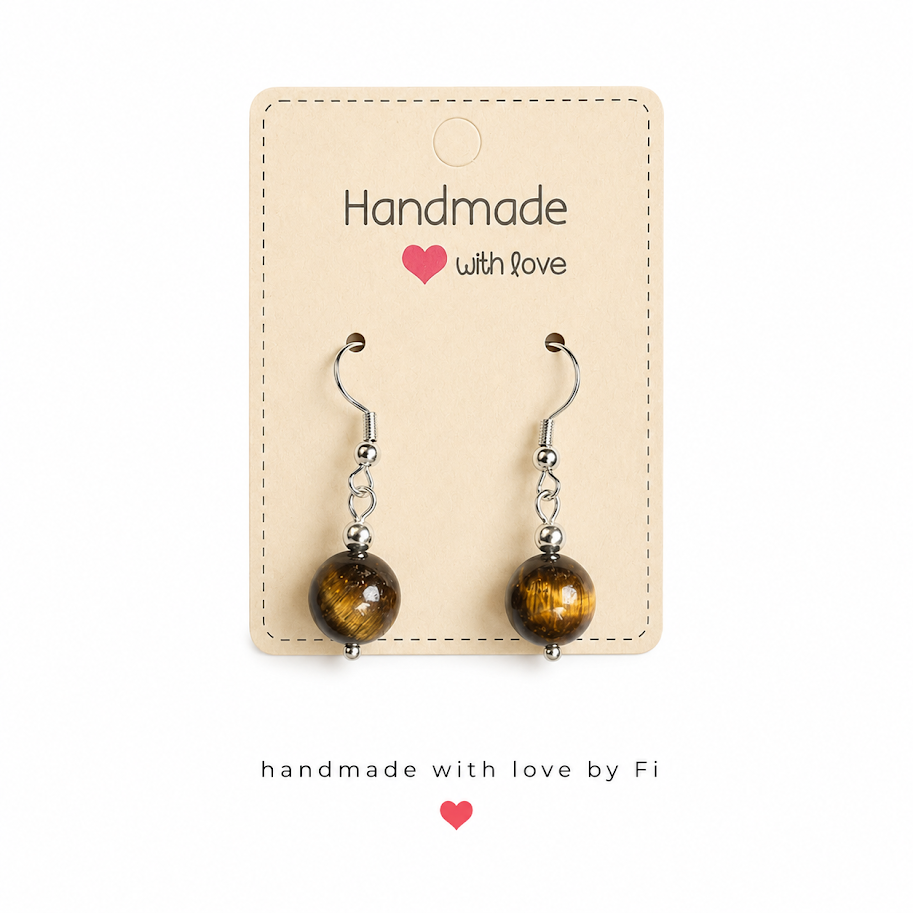Tiger's eye drop earrings on silver-tone hooks handmade by Fi
