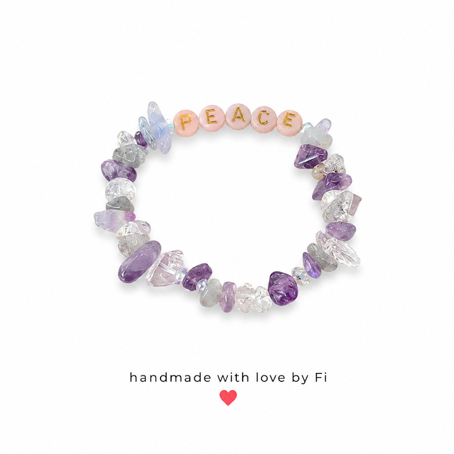 PEACE word bead and gemstone chip stretch bracelet handmade by Fi