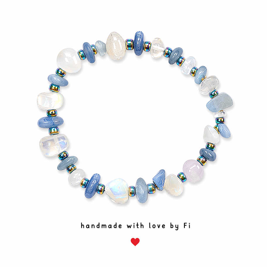 Angelite, opalite and clear quartz bracelet with rainbow hematite disc spacers handmade by Fi