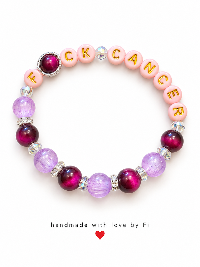 Pink F*CK CANCER letter bracelet with glossy magenta and lilac beads
