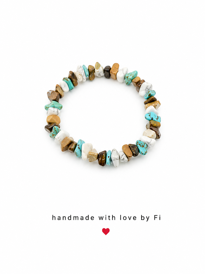 Turquoise, white howlite and tiger's eye mixed chip stretch bracelet handmade by Fi