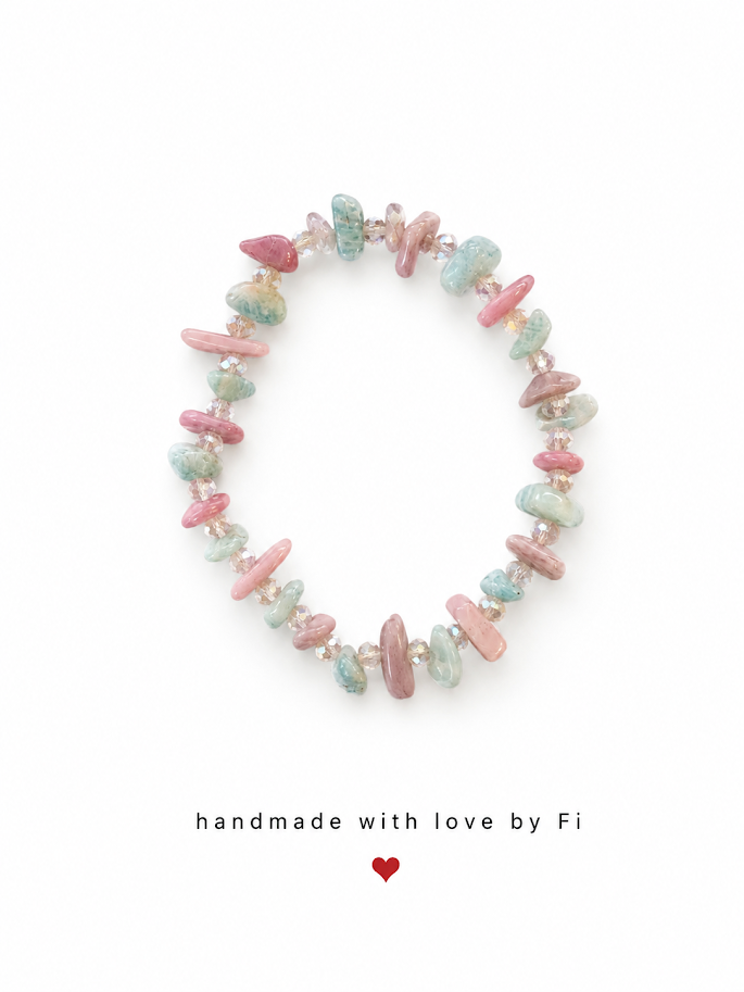 Amazonite and pink rhodonite chip bracelet with clear crystal spacers handmade by Fi
