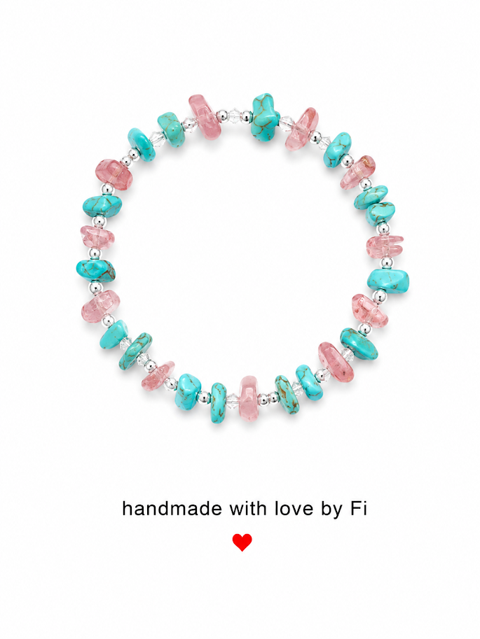 Turquoise and rose quartz chip bracelet with clear crystal rondelles and silver ball spacers handmade by Fi