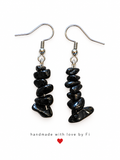 Glossy black chip-style drop earrings with silver-tone fishhook wires