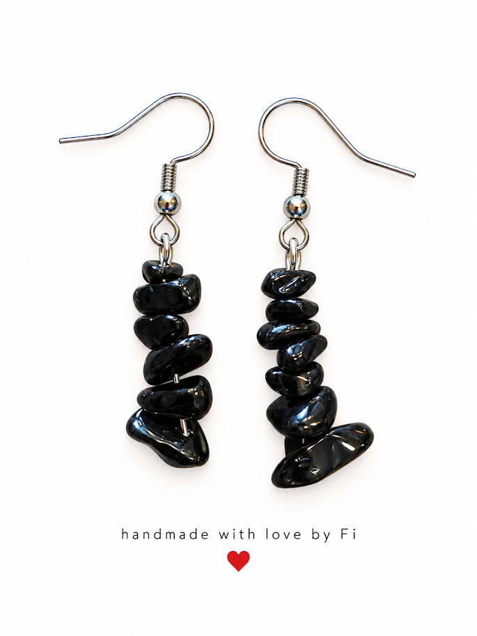 Glossy black chip-style drop earrings with silver-tone fishhook wires