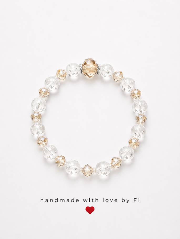 Star etched frosted crystal and champagne crystal bracelet with large filigree focal bead handmade by Fi