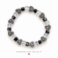 Silver-tone heart bracelet with black and clear faceted cube beads