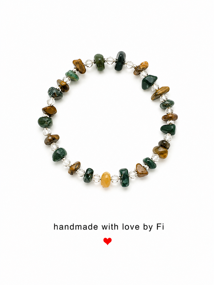 Moss agate and tiger's eye chip bracelet with golden cat's eye centrepiece and crystal spacers handmade by Fi