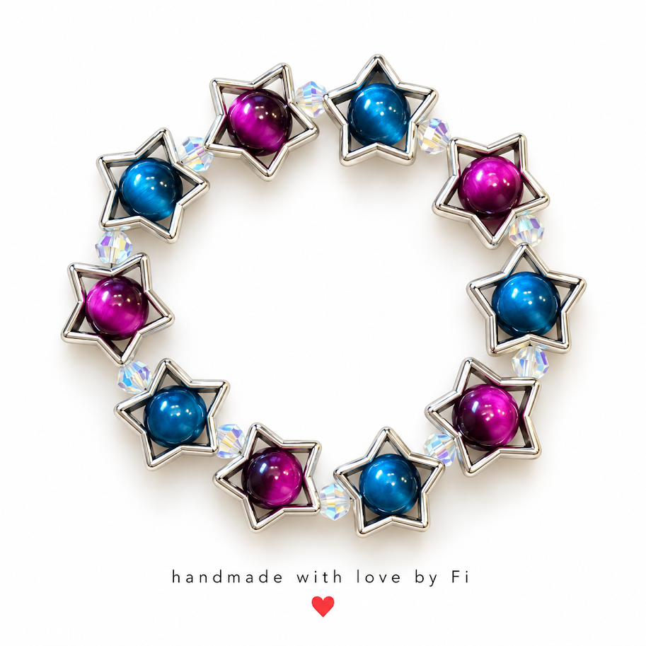 Blue and magenta beaded bracelet with silver-tone star frames and iridescent accents