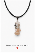 Grey and peach gemstone chip pendant necklace on black leather cord handmade by Fi