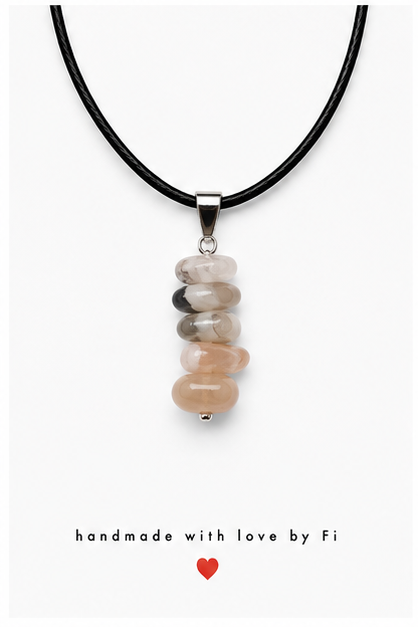 Grey and peach gemstone chip pendant necklace on black leather cord handmade by Fi