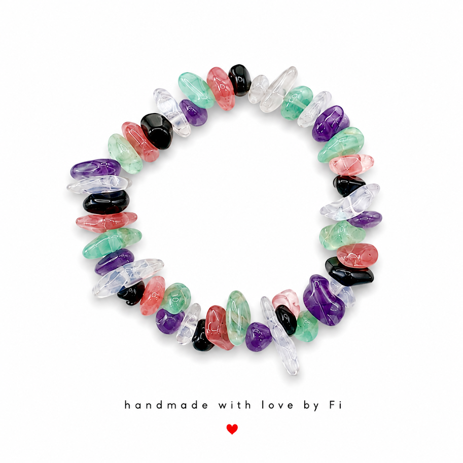 Rainbow gemstone chip stretch bracelet handmade by Fi