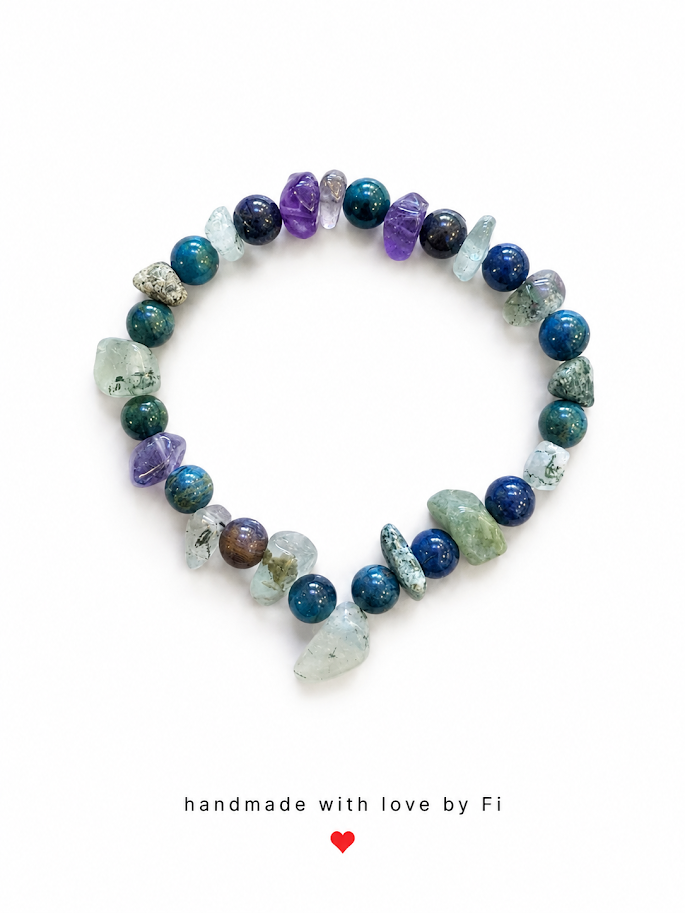 Mixed gemstone chip bracelet with apatite lapis lazuli amethyst prehnite and aquamarine handmade by Fi
