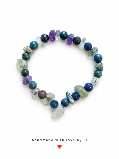 Mixed gemstone chip bracelet with apatite lapis lazuli amethyst prehnite and aquamarine handmade by Fi