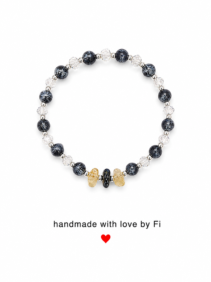 Snowflake obsidian and clear crystal bracelet with citrine and onyx accent chips handmade by Fi