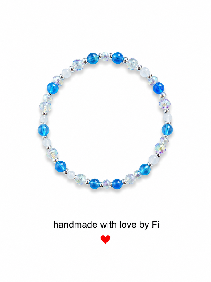 Blue agate, moonstone and AB crystal bracelet with silver ball spacers handmade by Fi