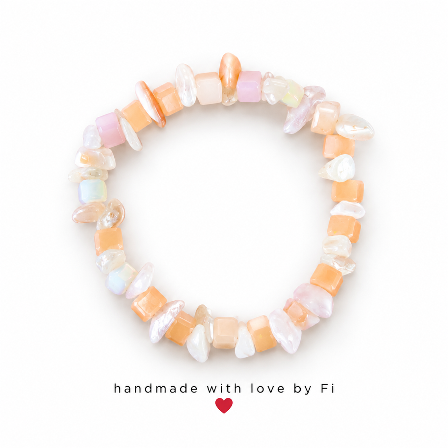 Peach Shell, Freshwater Pearl & Opalite Chip Bracelet handmade by Fi