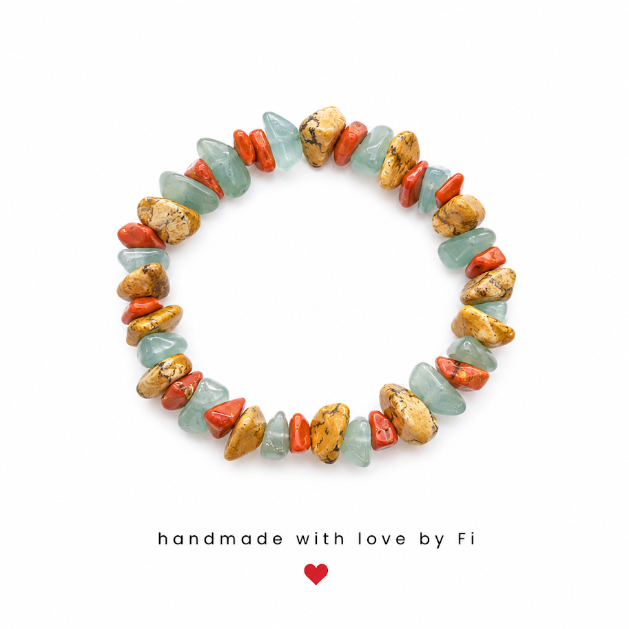Picture jasper, red coral and amazonite chip bracelet handmade by Fi