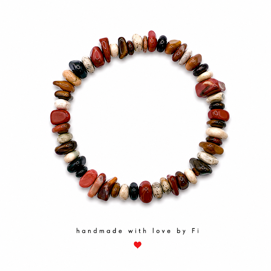 Red jasper and tiger's eye chip stretch bracelet handmade by Fi
