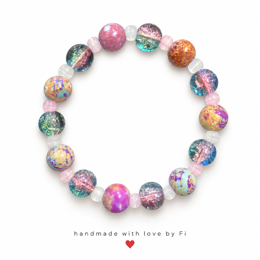Pastel Galaxy & Iridescent Crackle Bead Bracelet handmade by Fi