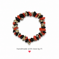 Red coral black onyx and dalmatian jasper chip stretch bracelet handmade by Fi