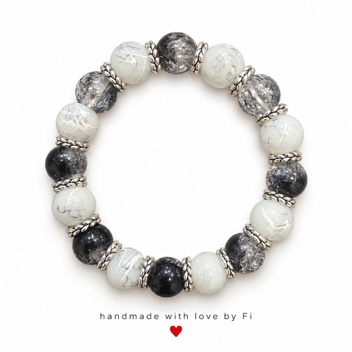 Black & White Marble Galaxy Bracelet with Silver Spacers handmade by Fi