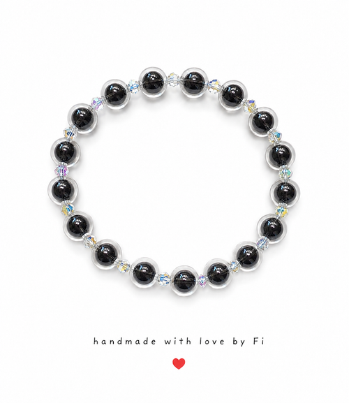Black onyx and iridescent AB crystal bicone bracelet handmade by Fi
