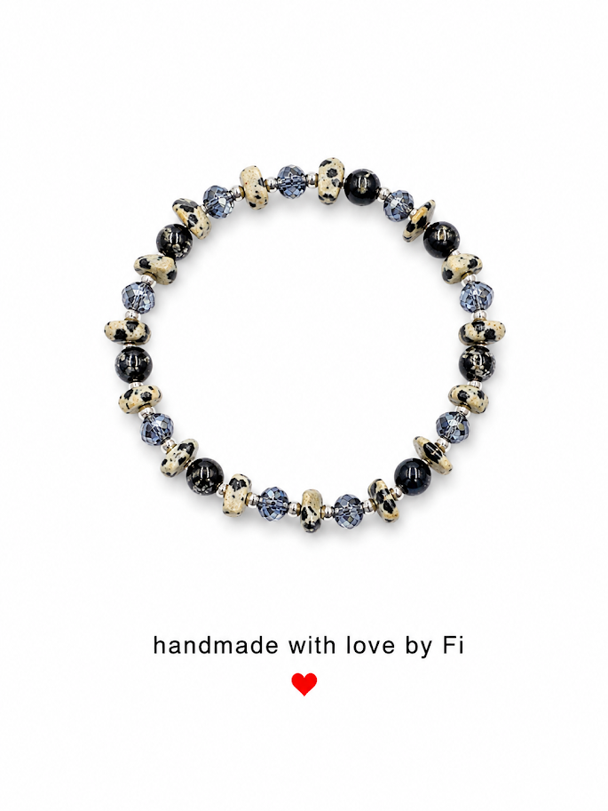 Dalmatian jasper, black onyx and smoky grey crystal rondelle bracelet with silver ball spacers handmade by Fi