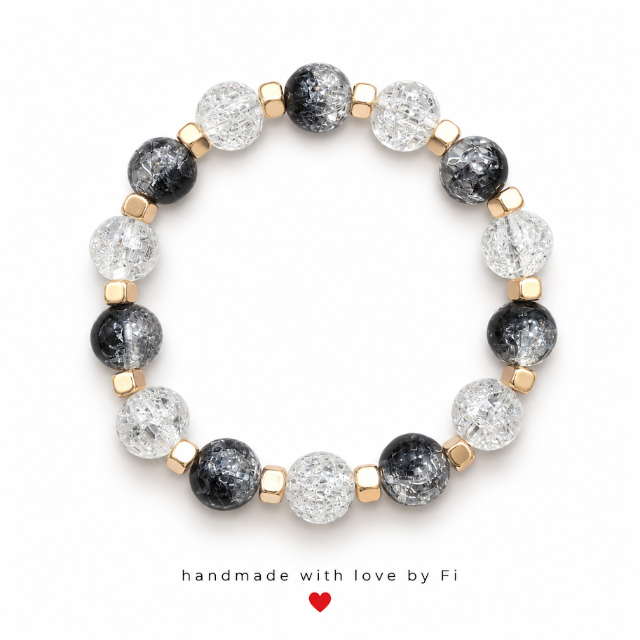 Black & Clear Crackle Bead Bracelet with Gold Cube Spacers handmade by Fi