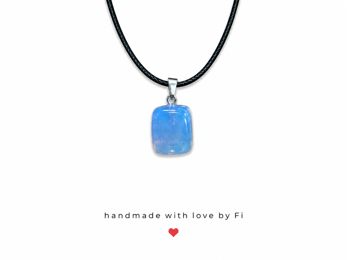 Opalite tumbled rectangle pendant necklace on black wax cord with silver bail handmade by Fi