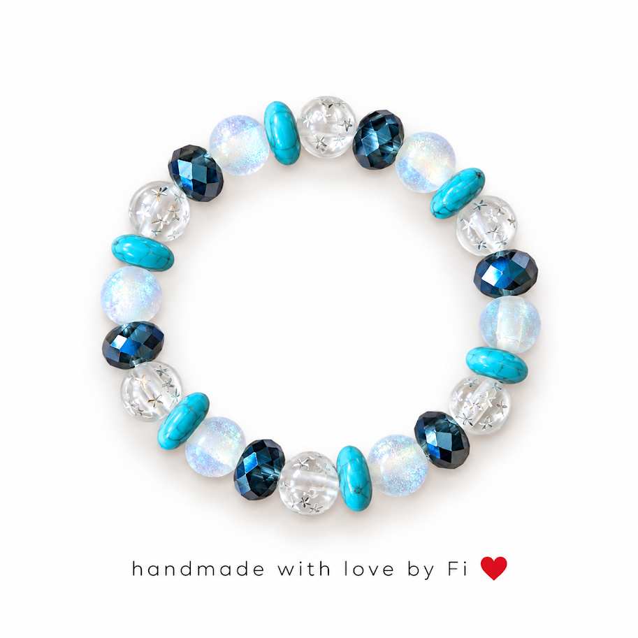 Handmade moonstone, turquoise and navy crystal bracelet with star-engraved glass beads